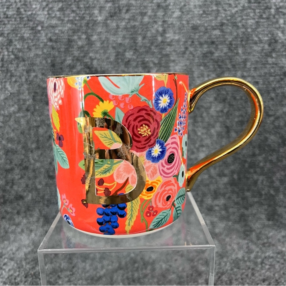"B" Anthropologie Rifle Paper Co. Floral Monogram Mug 14oz Garden Party Gold